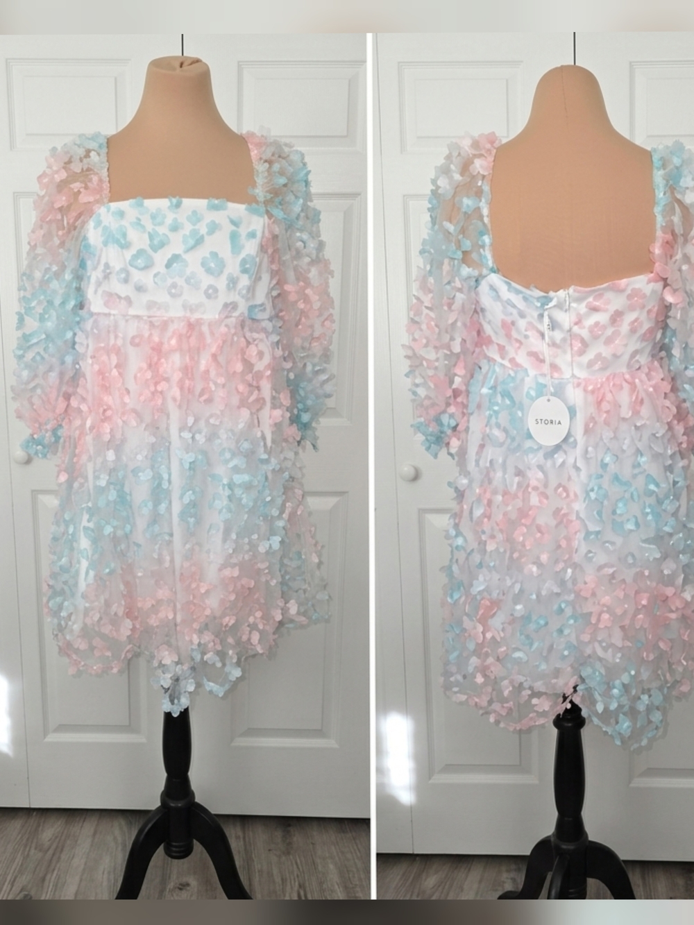 Storia Pastel Pink & Blue Floral Appliqué Tulle Dress